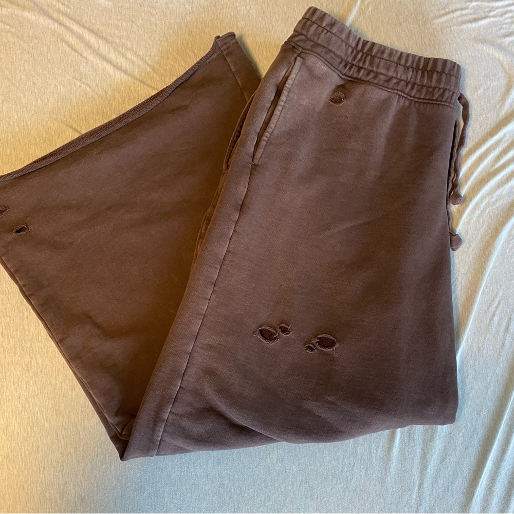 Aerie Baggy Wide Leg Distressed Brown Sweatpants - XL